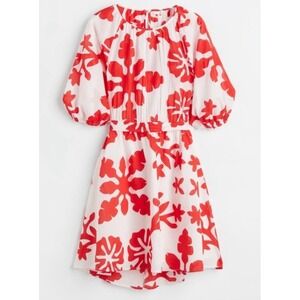 H&M Floral Print Dress Red White Puff‎ Sleeve Mini Dress Summer Size M